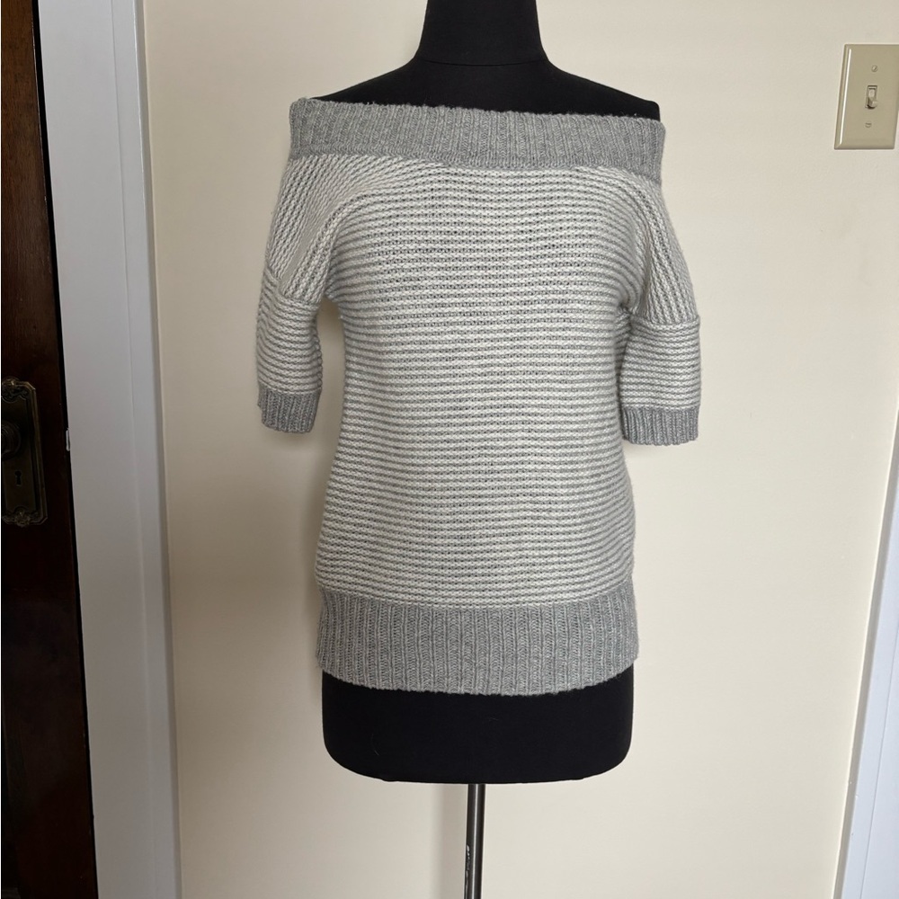 American Eagle Women’s Gray Striped Short Sleeve Knit Sweater